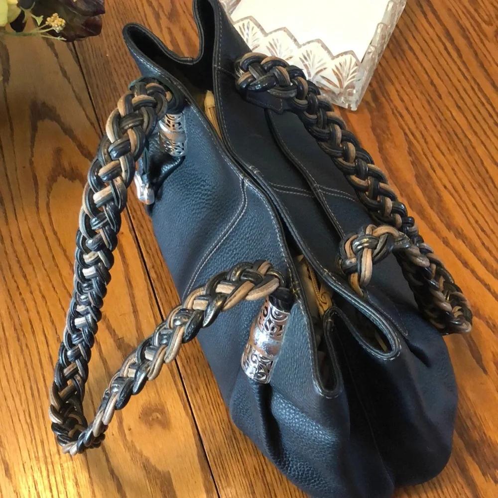 Brighton Black Shoulder Bag with Tan Braided Handles